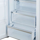 Close-up of interior drawer in FORNO Maderno 28-Inch Built-In 13.6 Cu. Ft. Convertible Refrigerator in white with left-swing door, showing smooth-glide mechanism and deep storage capacity.