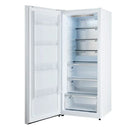 Left-angled front view of FORNO Maderno 28-Inch Built-In 13.6 Cu. Ft. Convertible Refrigerator in white with left-swing door open, revealing a sleek, spacious interior with adjustable glass shelving and door storage.