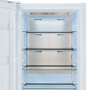 Left-angled view of the upper interior compartment in the FORNO Maderno 28-Inch Built-In 13.6 Cu. Ft. Convertible Refrigerator in white with left-swing door, showing adjustable shelves and LED lighting.