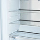 Close-up view of interior glass shelves in the FORNO Maderno 28-Inch Built-In 13.6 Cu. Ft. Convertible Refrigerator in white with left-swing door, showcasing adjustable, spill-resistant shelving and sleek design.