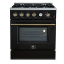 Front view of the FORNO Marco 30-Inch Gas Range in black, showcasing four sealed burners, a wide oven window, and a sleek matte black finish with stainless steel trim for a modern kitchen look.