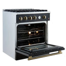 Left-angled view of the FORNO Marco 30-Inch Gas Range in black with the oven door open, revealing a spacious blue enamel interior, convection fan, and chrome oven racks for efficient cooking.