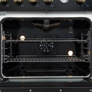 Interior view of the FORNO Marco 30-Inch Gas Range in black, featuring a vibrant blue enamel oven cavity, convection fan, and adjustable chrome racks for versatile multi-level cooking.