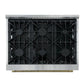 Top-down view of the FORNO Marco 36-Inch Gas Range in black, highlighting six sealed brass burners, continuous cast iron grates, and a matte black cooktop surface designed for professional-grade performance.