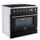 Left-angled view of the FORNO Marco 36-Inch Gas Range in black, highlighting six brass burners, continuous cast iron grates, and a modern matte black finish with stainless steel trim.
