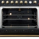 Interior view of the FORNO Marco 36-Inch Gas Range in black, featuring a vibrant blue enamel oven cavity, convection fan, and multiple chrome racks for efficient multi-level cooking.