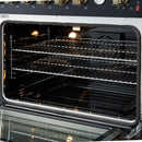 Right-angled view of the oven interior on the FORNO Marco 36-Inch Gas Range in black, showing the blue enamel finish, convection fan, and durable chrome oven racks for even heat distribution and easy cleaning.