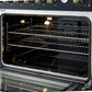 Right-angled view of the oven interior on the FORNO Marco 36-Inch Gas Range in black, showing the blue enamel finish, convection fan, and durable chrome oven racks for even heat distribution and easy cleaning.
