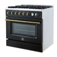 Right-angled view of the FORNO Marco 36-Inch Gas Range in black, featuring six sealed burners, cast iron grates, and a bold matte black design with stainless steel detailing for a professional kitchen look.