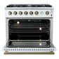 Front view of the FORNO Marco 36-Inch Gas Range in white with the oven door open, displaying the blue enamel oven interior, convection fan, and adjustable heavy-duty racks for spacious cooking.