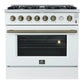 Front view of the FORNO Marco 36-Inch Gas Range in white, featuring six sealed burners, a large oven window, and a sleek matte white finish with stainless steel trim for a clean, modern kitchen aesthetic.