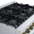 Left-angled close-up of the FORNO Marco 36-Inch Gas Range in white, featuring six brass burners with precision flame control and continuous cast iron grates on a sleek white cooktop surface.