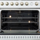 Interior view of the FORNO Marco 36-Inch Gas Range in white, showcasing the vibrant blue enamel cavity, convection fan, and multiple chrome oven racks for versatile and even cooking.