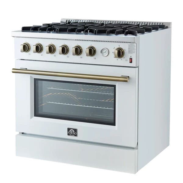 Right-angled view of the FORNO Marco 36-Inch Gas Range in white, featuring six sealed brass burners, continuous cast iron grates, and a matte white exterior with sleek stainless steel detailing.