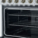 Angled close-up of the FORNO Paolo 36-Inch Electric Range in white, showing the spacious blue enamel oven interior with convection fan and heavy-duty racks for even, multi-level cooking.