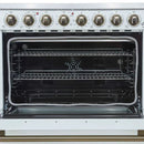 Close-up of the oven interior in the FORNO Paolo 36-Inch Electric Range in white, featuring a vibrant blue enamel cavity, convection fan, and heavy-duty oven racks for multi-level cooking.