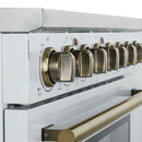 Close-up of the stainless steel control knobs on the FORNO Paolo 36-Inch Electric Range in white, featuring precise temperature markings and a polished panel for modern control and style.