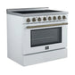 Left-angled front view of the FORNO Paolo 36-Inch Electric Range in white, showcasing its sleek white finish, smooth ceramic glass cooktop, and closed oven door for a modern kitchen look.