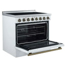 Left-angled front view of the FORNO Paolo 36-Inch Electric Range in white with the oven door open, showing the blue enamel oven interior, convection fan, and adjustable oven racks.