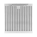 Close-up view of the stainless steel baffle filter from the FORNO espresso range hood, part of the 4-Piece Appliance Package, showing durable construction with angled slats designed to trap grease and ensure optimal airflow during kitchen ventilation.