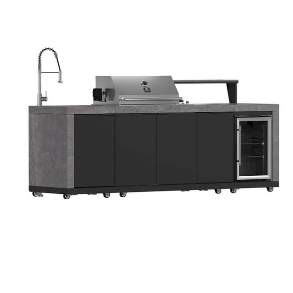 Angled view of the FORNO Rimini 30-Inch Outdoor Kitchen, featuring a premium stainless steel grill with ergonomic control knobs, side ventilation panels, and built-in storage drawers, designed for both style and functionality in an outdoor setting.