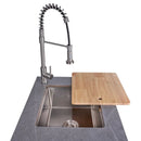 Left side view of the FORNO Rimini 30-Inch Sink Module, featuring a built-in stainless steel sink with a high-arc faucet and a wooden cutting board placed over the basin, providing a functional prep surface for outdoor cooking.