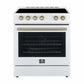 Front view of the Forno 30-inch electric range in white, accented with antique brass knobs and handle, combining modern performance with classic design elements for a timeless kitchen look.