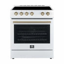 Front view of the Forno 30-inch electric range in white, accented with antique brass knobs and handle, combining modern performance with classic design elements for a timeless kitchen look.