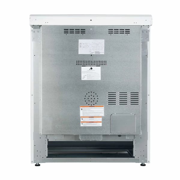 Rear view of the Forno 30-inch electric range in white, featuring a solid metal back panel with ventilation slots, electrical connection access, and safety labels for proper installation.