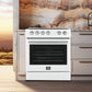Forno 30-inch electric range in a white finish, featured in a contemporary kitchen lifestyle setting with clean lines and modern decor, showcasing its sleek cooktop and spacious oven as a functional and stylish centerpiece.
