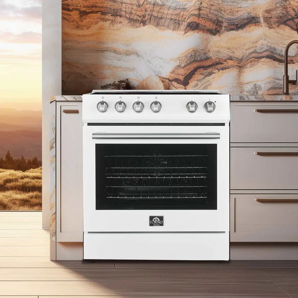 Forno 30-inch electric range in a white finish, featured in a contemporary kitchen lifestyle setting with clean lines and modern decor, showcasing its sleek cooktop and spacious oven as a functional and stylish centerpiece.