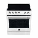 Top view of the Forno 30-inch electric range in white, showcasing a smooth black ceramic glass cooktop with four radiant heating elements and front-mounted control knobs for convenient access.
