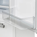 Close-up view of the clear door bins inside the Forno 36-inch French door refrigerator in white, showing sturdy, transparent compartments designed for easy access and efficient storage of bottles and condiments.
