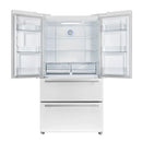 Front view of the Forno 36-inch French door refrigerator in white with both doors open, revealing a bright, spacious interior with adjustable glass shelves, clear door bins, and dual crisper drawers for organized food storage.