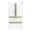 Front view of the Forno 36-inch French door refrigerator in a white finish, featuring sleek double doors, a bottom freezer drawer, and minimalist handles for a clean, modern kitchen aesthetic.