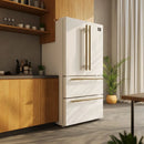 Alternate lifestyle view of the Forno 36-inch French door refrigerator in a white finish, integrated into a contemporary kitchen space with clean lines, open shelving, and coordinated appliances for a cohesive design.