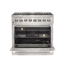 Front view of the FORNO dual fuel range with French doors open, showcasing the spacious stainless steel oven interior and multiple rack positions.
