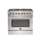 Front view of the FORNO dual fuel range from the 3-piece appliance package, featuring stainless steel construction, control knobs, and a spacious oven with French doors.