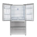 Front view of the FORNO French door refrigerator with both doors and freezer drawers fully open, showcasing the interior compartments, adjustable shelving, and ample food storage capacity.