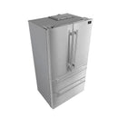 Left angle view of the stainless steel French door refrigerator from the FORNO 3-piece kitchen appliance package, showing double freezer drawers and sleek contemporary handles.