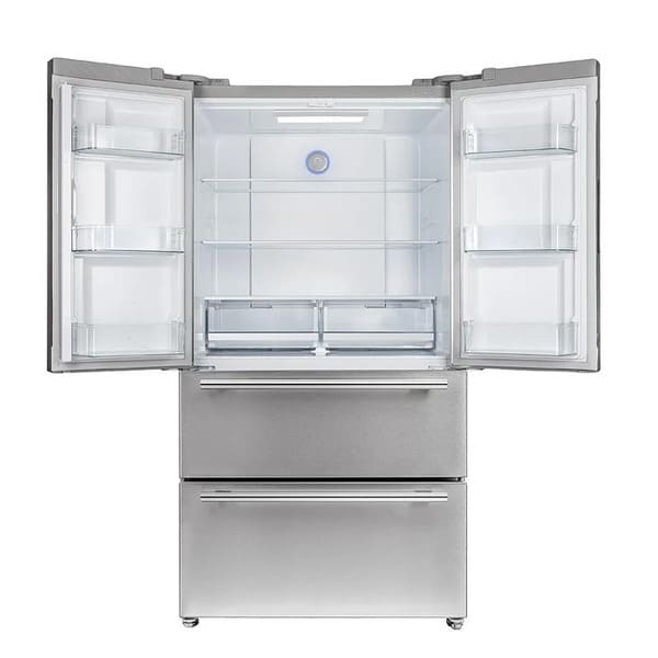 FORNO 36-Inch French Door Refrigerator, front view with both doors open, showcasing organized interior with multiple shelves, door bins, and drawers.