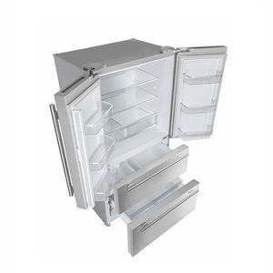 FORNO 36-Inch French Door Refrigerator in stainless steel, left angle view with both doors open, revealing spacious interior storage with shelves and bins.