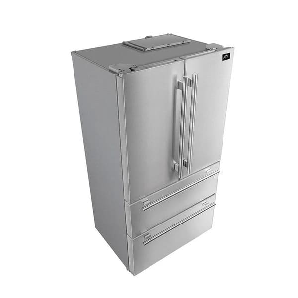 FORNO 36-Inch French Door Refrigerator in stainless steel, shown from left angle with sleek handles and spacious double doors.