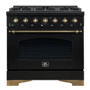Front view of the Forno Antico 36-Inch Dual Fuel Range, featuring a sleek stainless steel finish, brass burner accents, and premium control knobs for a professional kitchen look.