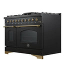 Front right-angled view of the Forno Antico 48-Inch Gas Range, highlighting its stainless steel finish, eight high-performance brass burners, and dual oven doors with heavy-duty handles.