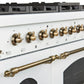 Close-up of the control knobs on the Forno Antico 48-Inch Gas Range in white, featuring polished brass bezels, stainless steel construction, and precision markings for accurate temperature control.