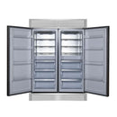 Front view of FORNO Maderno 60-Inch Convertible Refrigerator-Freezer with decorative trim, shown with both doors open revealing adjustable shelves, door bins, and spacious interior.