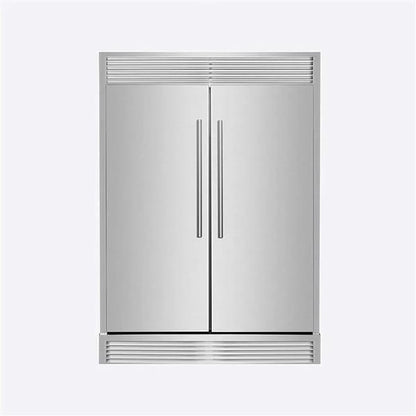 Front view of FORNO Maderno 60-Inch Convertible Refrigerator-Freezer in stainless steel with decorative trim, French doors, and sleek professional design.