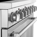 Close-up view of the control knobs on the Forno Paolo 36-Inch Electric Range with Convection Oven, featuring durable stainless steel construction and precise heat adjustment settings.