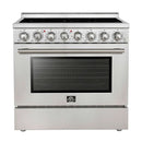 Front view of the Forno Paolo 36-Inch Electric Range with Convection Oven, showcasing a sleek stainless steel design, smooth cooktop surface, and professional-style control knobs.